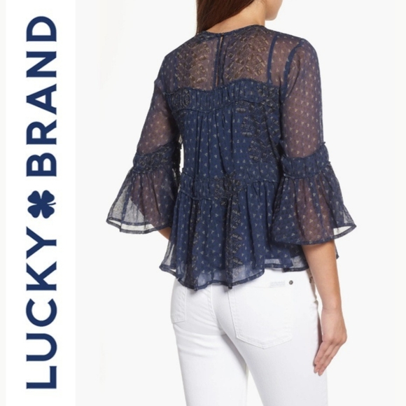 Lucky Brand flowy slighty sheer Peasant Top - Picture 2 of 13